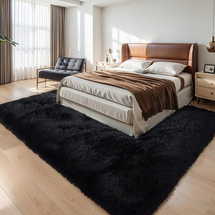 Alfombra de felpa negra profunda de lujo - Suave, hipoalergénica y liviana, fácil de limpiar - Ideal para sala, dormitorio y más - Hecha a mano en poliéster, antideslizante, forma rectangular, alfombras para sala