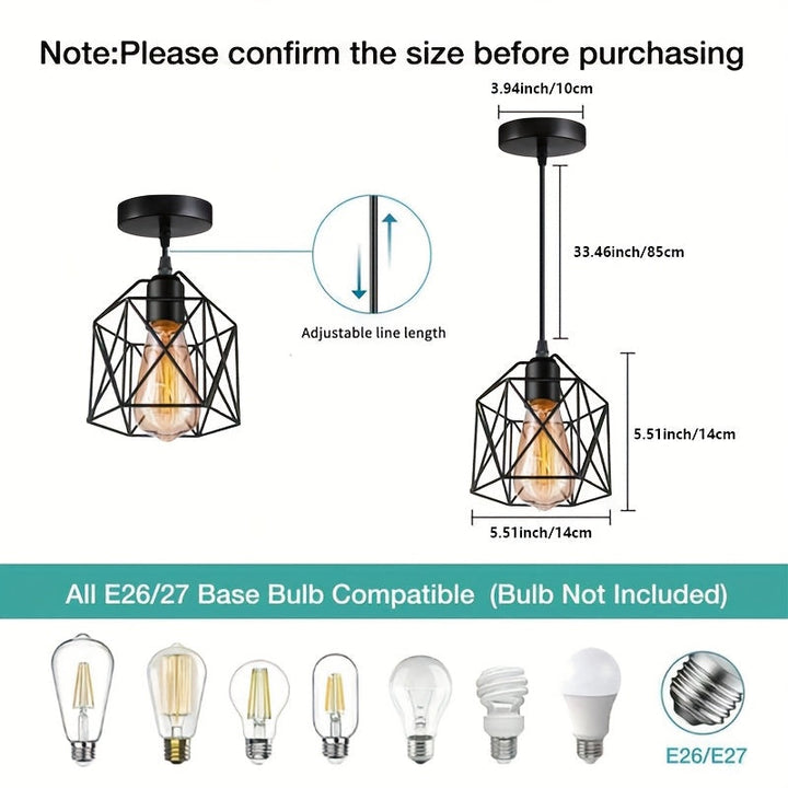 Lámpara colgante de estilo industrial E27 con base de tornillo negro - Candelabro de hierro rústico con diseño geométrico para cocina, bar, comedor y escalera, montaje semi-inclinado, cableado duro, 110-240V, no incluye bombilla, iluminación de cocina |