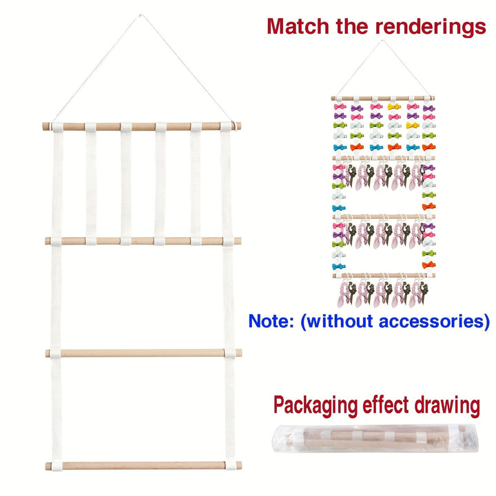 Estantería de almacenamiento para accesorios para el cabello con palos de madera, decoración de pared colgante para el hogar, 3 capas de creatividad, equipada con 30 ganchos de plástico desmontables