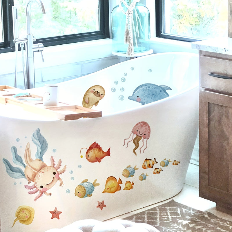 1 Pegatina De Decoración De Hierba De Agua De Animales De Fondo Marino, Pegatinas Decorativas De Animales Submarinos Coloridos Para Bañera, Apliques De Bañera De Plástico