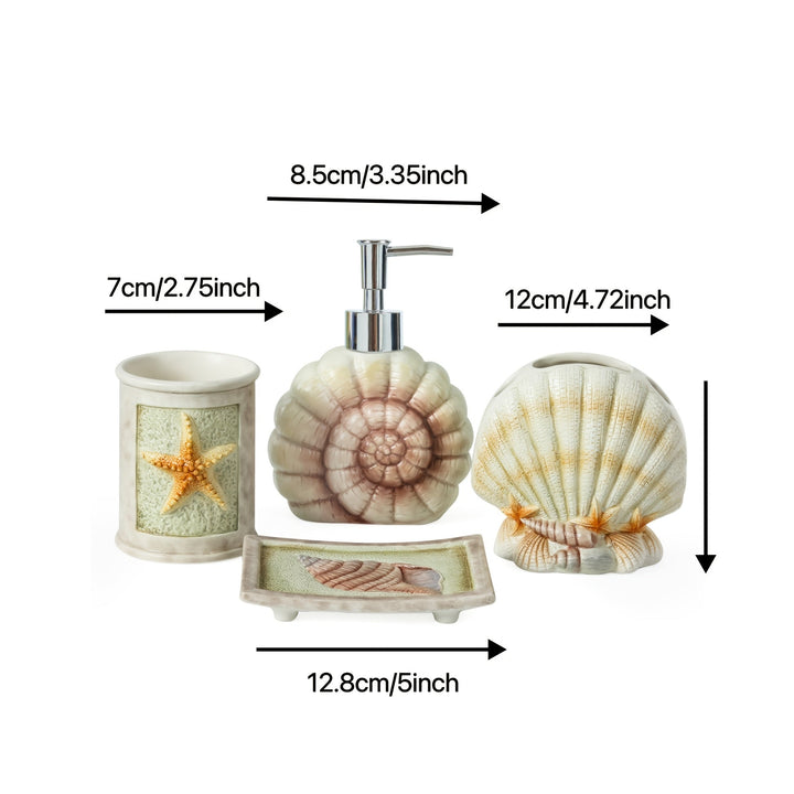 Conjunto de accesorios de baño de cerámica con conchas marinas de 4 piezas, 1 tazas para gargajeo, 1 soportes para cepillos de dientes, 1 platos para jabón, 1 dispensador de jabón (esmalte mate)