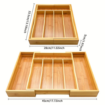 Caixa de Almacenamiento Extensible para Cubiertos de Teca, Organizador de Cajón de Teca, Bandeja para Utensilios con Divisores Estriados, Adecuado para la Organización de Cubertería y Herramientas de Cocina en Dormitorio o Sala de Estar