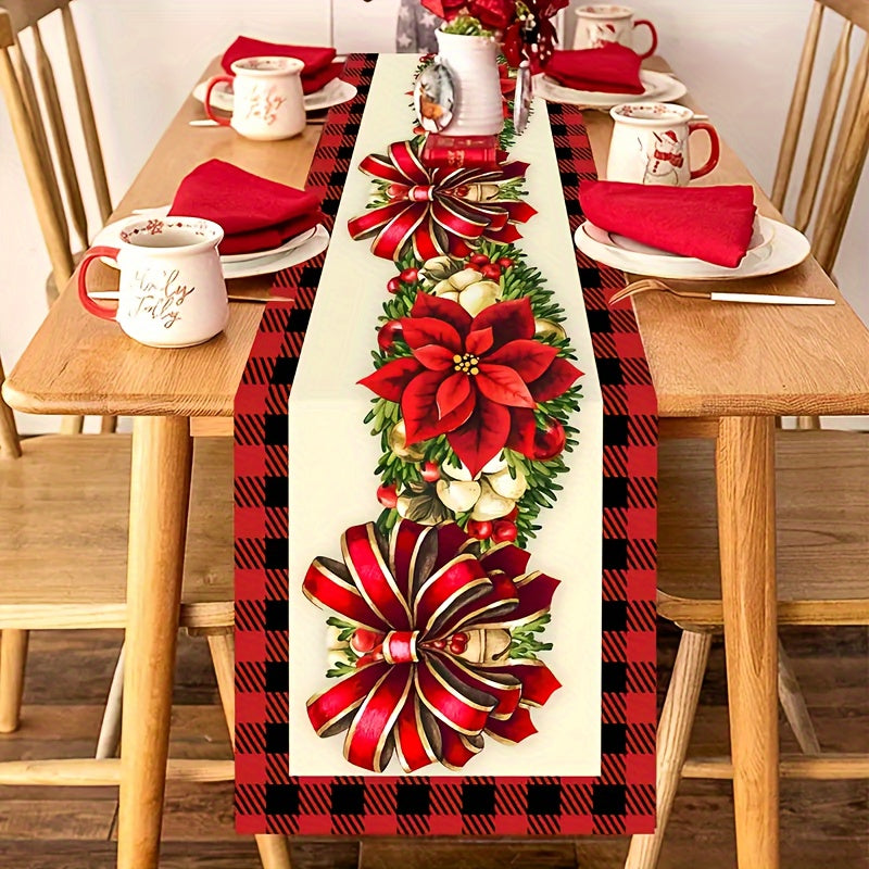Mantel de mesa floral navideño - Bandera de mesa rectangular tejida de poliéster con diseño de cuadros rojos y negros, decoración de mesa navideña para comedor, café, cocina y decoración de fiestas - 1 pieza