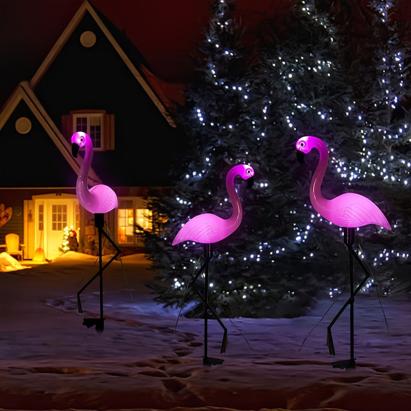 Juego de 3 luces solares con forma de flamenco, decoración para jardín, luces solares para exteriores, estacas decorativas para césped, estanque o patio trasero
