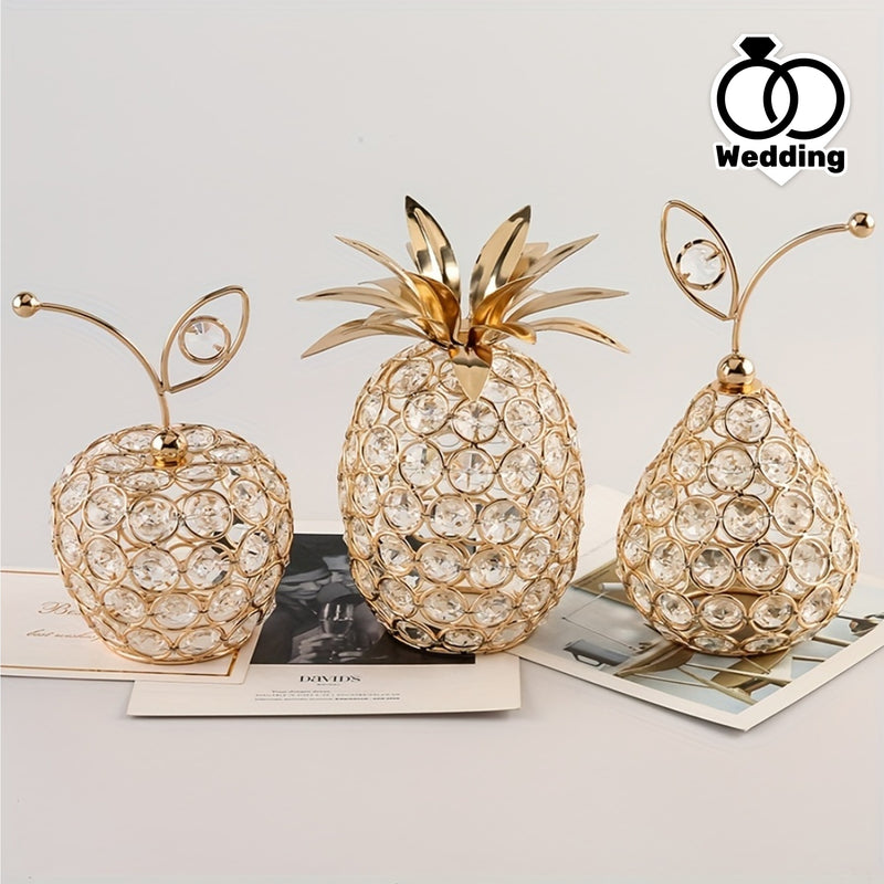 Manzanas, peras y piñas de cristal dorado: figuras de frutas artificiales ornamentales para decoración del hogar, regalo de joyería, espejo, tesoro, collar, anillos, organizador de cumpleaños, boda, mujeres, niñas, almacenamiento, anillo, Navidad