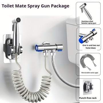 Kit de Ducha Manual de Alta Presión - Pistola de Limpieza para Baño de Acero Inoxidable con Manguera de 2 Metros y Conector en T de Una Entrada Dos Salidas, Soporte Montado en la Pared Sin Taladro, Cabezal Autolimpiante Resistente para Inodoro/Ducha/Masc