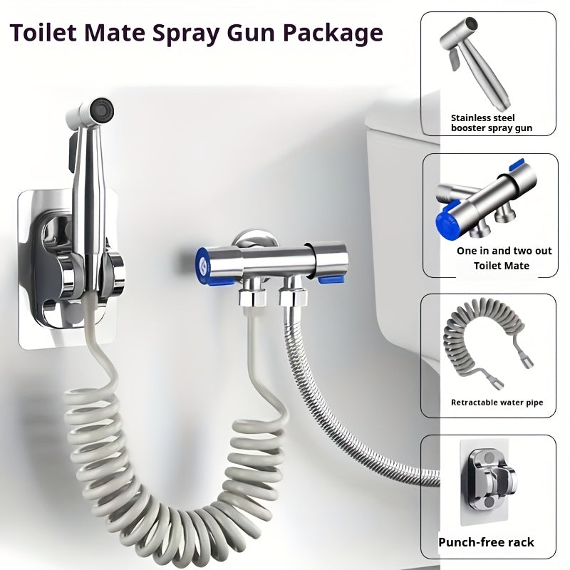 Kit de Ducha Manual de Alta Presión - Pistola de Limpieza para Baño de Acero Inoxidable con Manguera de 2 Metros y Conector en T de Una Entrada Dos Salidas, Soporte Montado en la Pared Sin Taladro, Cabezal Autolimpiante Resistente para Inodoro/Ducha/Masc