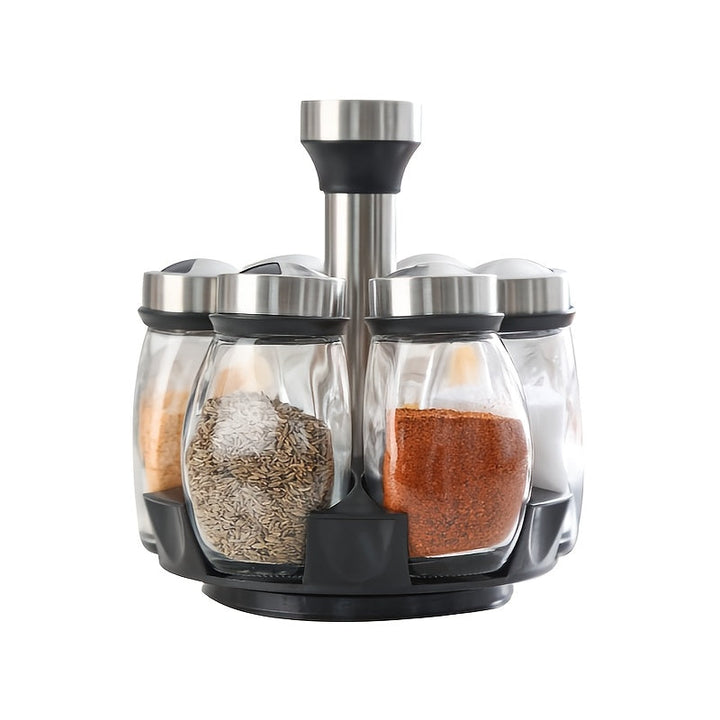 Juego de Tarros de Vidrio para Especias con Base Giratoria - 6 Tarros y Plato Rotativo para Sal, Pimienta, Azúcar - Organizador de Encimera de Cocina