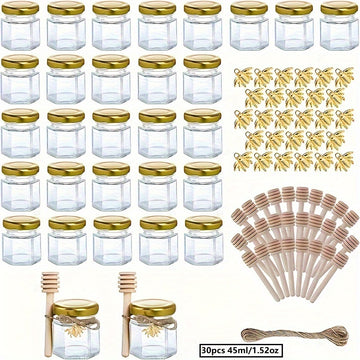 Conjunto de 20/30/50/60 frascos de miel, frascos de miel de vidrio transparente de 45 ml/1,52 oz, frascos de vidrio hexagonales con tapas, recipientes de almacenamiento de cocina para miel, mermelada y conservas, envases de regalo de vidrio sellados