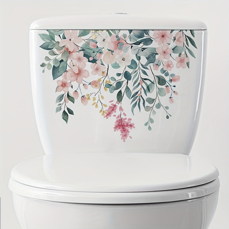 Cubierta decorativa floral para asiento de inodoro, autoadhesiva de PVC, reutilizable, con diseño de flores rosadas y durazno en tapa blanca, decoración para baño