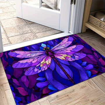 1pc Alfombra de Terciopelo con Estampado de Libélula Morada, Ideal para Cocina, Pasillo, Dormitorio, Baño, Sala, Entrada Interior/Exterior, Puerta Principal o Área de Estudio, Ligera y Antideslizante Lavable a Máquina