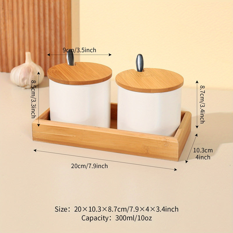 Juego de frascos de especias de almacenamiento de madera con tapas de bambú, contenedores de especias de pimienta, sal y azúcar para encimera de cocina con cucharas, estilo minimalista japonés.