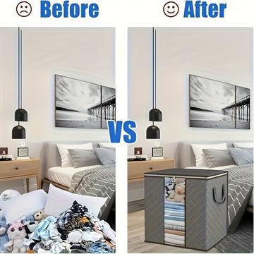 3 Bolsas de Almacenamiento Extra Grandes con Asas Reforzadas - Organizadores Plegables de 100L para Ropa, Mantas y Ropa de Cama, Ventana Transparente, Apilables - Gris