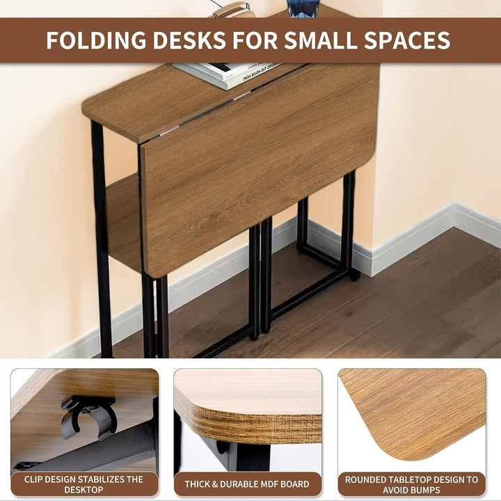 Mesa plegable portátil para el hogar y la oficina - Mesa de estudio para dormitorio, mesa de escritura para estudiantes con estante de almacenamiento y mesa de computadora de 6 ruedas | Adecuada para espacios pequeños, mesa de noche plegable | Marrón