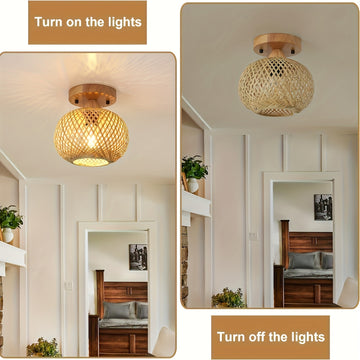1pc Lámpara de techo de bambú tejida a mano - Estilo Bohemio, Eficiente en energía con base E26, Ideal para salón, dormitorio, cocina, pasillo, Iluminación de cocina | Iluminación de estilo bohemio | Lámpara de techo tejida a mano
