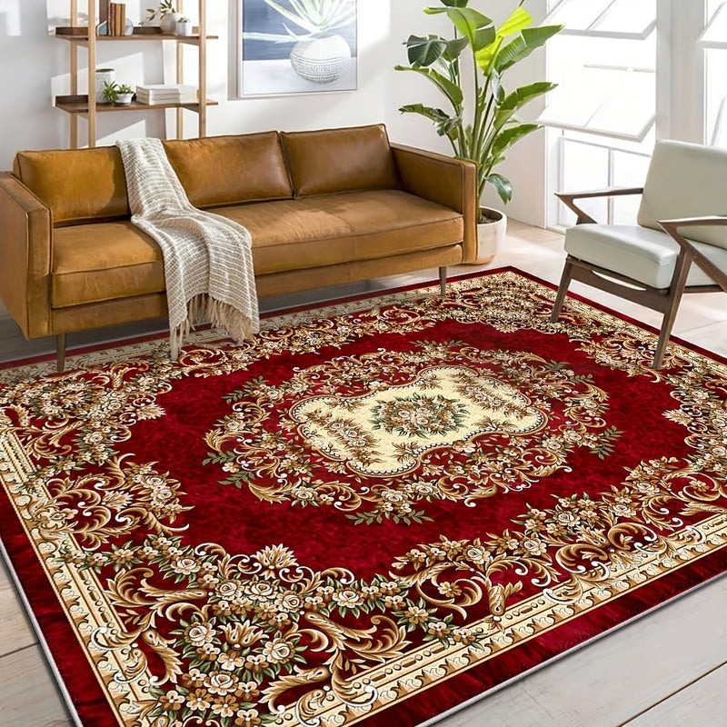 1 Alfombra de Terciopelo VelvetSoft Ultra Suave - Diseño Elegante con Flores Rojas y Geometría Dorada, Antideslizante, Lavable a Máquina, Ligera y Duradera en Poliéster para Sala, Dormitorio, Oficina, Entrada o Camping | Accesorio Hogareño Elegante | Bas