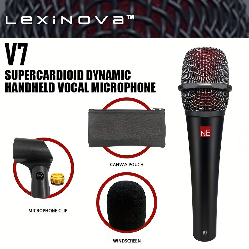 Microfono Dinámico Súper Cardióide LexiNova V7 Versión Alta con Cable para Canto en Escenario, Grabación de Voces, Actuaciones, Discurso, Transmisión de Vídeo, Microfono de Sonido Profesional - Conector Jack de 6.35 mm