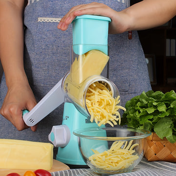 Rallador Manual Multifuncional 3 en 1 para Queso y Verduras con Mango - Plástico Duradero Antioxido, Fácil de Limpiar, Ideal para Cocina, Camping y Autocaravanas - Incluye 3 Ruedas Intercambiables