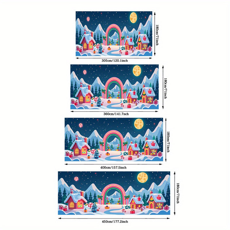 2D Banner de Puerta, 1 Pieza, Escena de Pueblo Navideño con Casas Cubiertas de Nieve, Casa de Jengibre y Cielo Lunar - Poliéster, Ideal para Decoraciones Navideñas, Bodas y Celebraciones de Jardín al Aire Libre, Decoraciones Navideñas