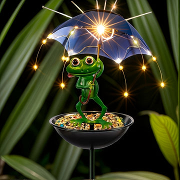 1pc Estatuilla de Rana Solar con Luces LED Automáticas y Comederos para Pájaros - Decoración Metálica para Jardín, Patio o Césped con Sombrilla, Atrae Colibríes - Regalo Perfecto para Jardineros, Accesorio Caprichoso para Exteriores