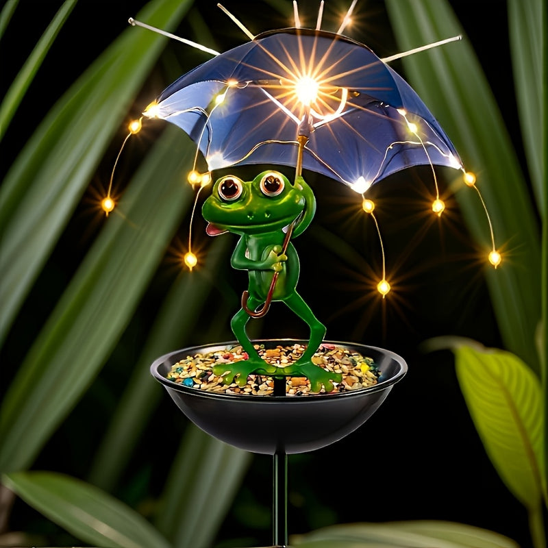 1pc Estatuilla de Rana Solar con Luces LED Automáticas y Comederos para Pájaros - Decoración Metálica para Jardín, Patio o Césped con Sombrilla, Atrae Colibríes - Regalo Perfecto para Jardineros, Accesorio Caprichoso para Exteriores