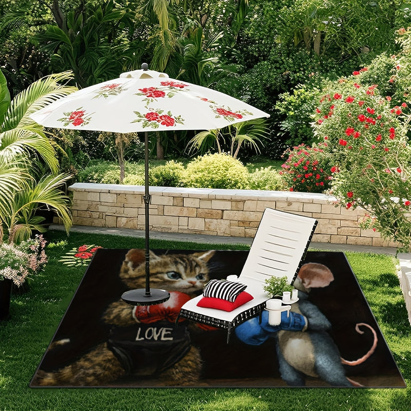 Este tapete de tesoro impreso en 2D plano presenta un diseño de gato y ratón, perfecto para uso al aire libre. Puede servir como tapete de entrada, tapete de acampada, tapete de patio, tapete de piscina o tapete de garaje. Es adecuado para balcones, pati
