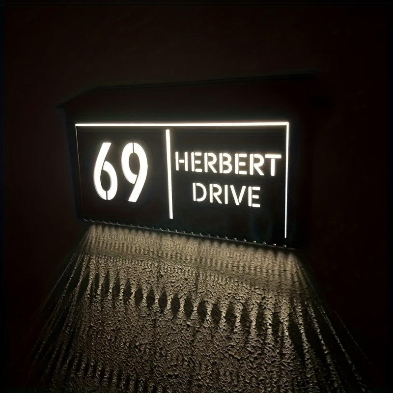 Placa de Dirección Solar para Exteriores - Letrero Personalizado con Encendido/Apagado Automático (Amanecer/Crepúsculo), Cargador Solar y Batería de Respaldo, Diseño Moderno en /Neón Brillante - Placa Numérica para Puertas Residenciales/Comerciales, Visi