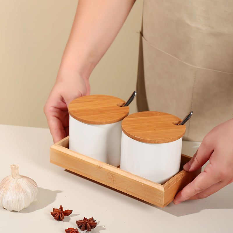 Juego de frascos de especias de almacenamiento de madera con tapas de bambú, contenedores de especias de pimienta, sal y azúcar para encimera de cocina con cucharas, estilo minimalista japonés.