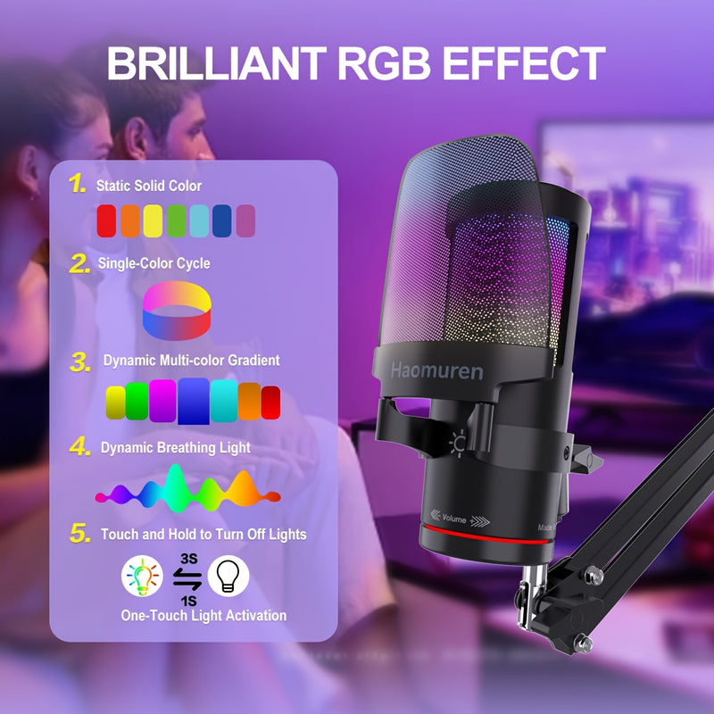 Paquete de Micrófono para Juegos HAOMUREN RGB con Brazo y Soporte de Escritorio, Micrófono USB-C Plug & Play para PC/PS5/PS4/Teléfono, Cancelación de Ruido de 192kHz, 10 Modos de Iluminación, Puerto de Monitor de 3.5mm, Control de Volumen, Micrófono para
