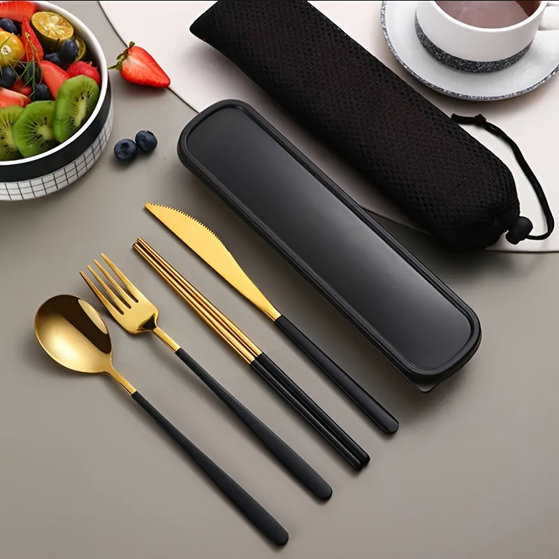 Juego de cubiertos portátil de acero inoxidable, 4 piezas: incluye tenedor, cuchillo, cuchara y palillos chinos, almacenados en una práctica caja para llevar, ideal para comer fuera de casa y comidas al aire libre