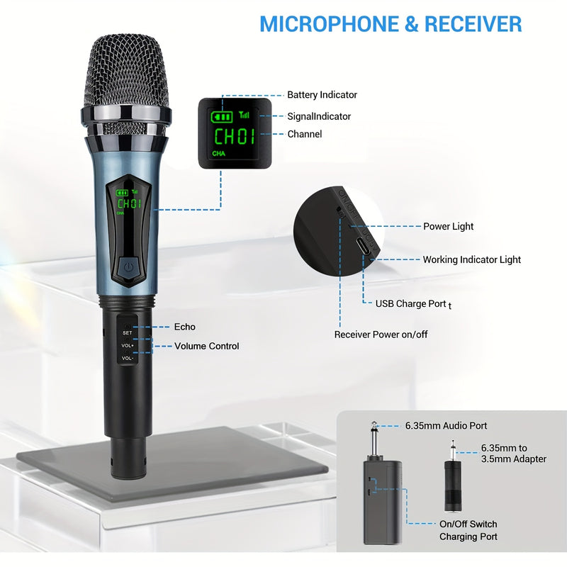 4 Piezas Sistema de Micrófono Dinámico sin varillas con Batería Recargable y Soporte de Escritorio, Adaptador 3.5mm para Canto, Bodas, Fiestas y Enseñanza