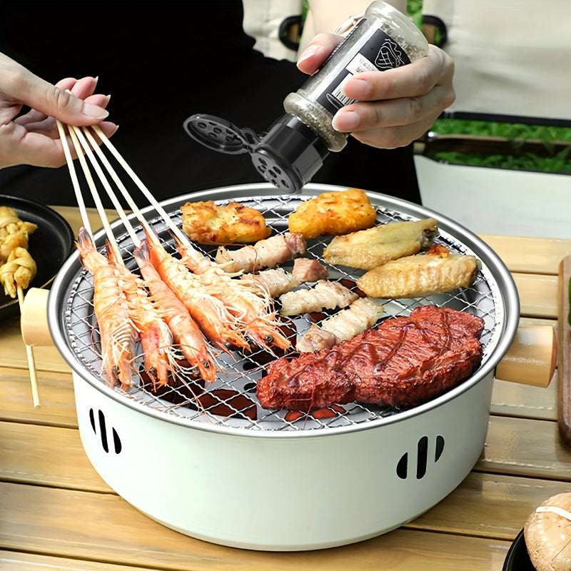 4 piezas/1 juego de parrilla de carbón compacta de acero inoxidable con red de parrilla - Elevador de red, parrilla portátil para uso en interiores y exteriores, perfecta para reuniones familiares, reuniones con amigos, camping y cocina en el patio trase