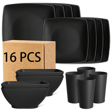 Juego de vajilla de plástico de 16 piezas - Diseño clásico cuadrado y ligero, platos para cena y ensalada, tazones para snacks, vasos, ideal para Navidad, Halloween, Pascua y Hanukkah