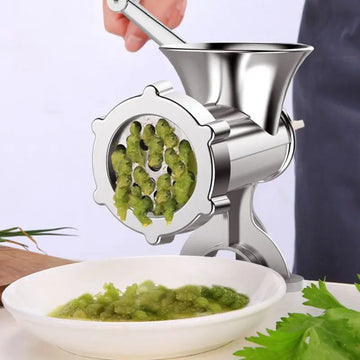 Molino de carne manual de acero inoxidable y picadora de verduras - 2 en 1, herramienta multifuncional para cocina con procesamiento de salchichas, cebolla picada y ajo, cuerpo de hierro fundido resistente, soporte de mesa ajustable, no necesita electric