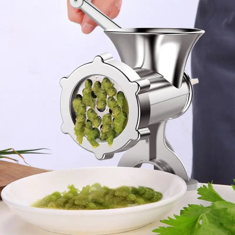 Molino de carne manual de acero inoxidable y picadora de verduras - 2 en 1, herramienta multifuncional para cocina con procesamiento de salchichas, cebolla picada y ajo, cuerpo de hierro fundido resistente, soporte de mesa ajustable, no necesita electric