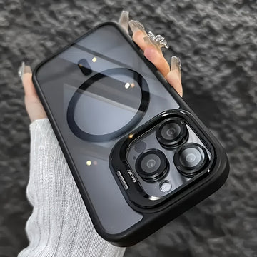 Funda metálica semitransparente antideslizante y antigolpes premium para iPhone 16, 15, 14, 13 y 12 Pro Max, además de 14 y 15 Plus, con cierre magnético, carga inalámbrica y protección contra caídas, incluye cubierta protectora para el lente de la cámar