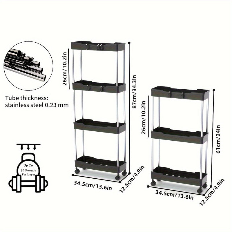 Carrito de Almacenamiento Rodante 3/4 Niveles con 4 Ruedas - Organizador Móvil para Baño, Cocina y Lavandería - Estructura Duradera de Plástico y Metal, Estantes Ajustables, Diseño Compacto para Espacios Estrechos, Carro Multinivel, Ruedas Easyglide