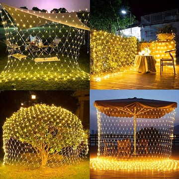 1 unidad de luces de red solares - 192 LED, 298.7 cm x 201.17 cm, 8 modos de luces LED intermitentes para uso en interiores/exteriores - Perfectas para árboles, paisajismo, jardín, techo, balcón, decoración de pared - Ideales para bodas, cumpleaños, Navi