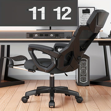 Silla de Juego Ergonómica con Asiento Reclinable - Silla Cómoda para Oficina y Casa, Altura Ajustable, Base de 5 Ruedas, Negra, Ideal para Sentarse Largo Tiempo, Habitaciones Universitarias y Configuración de Juegos