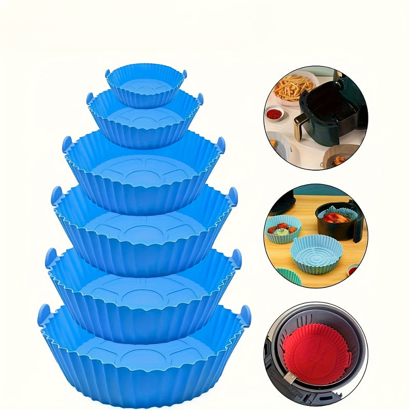 6pcs Moldes de Silicona Azules para Freidora de Aire - Revestimientos Flexibles Antiadherentes con Bordes Festoneados, Diseño Perforado para Cocinar de Manera Uniforme, Fácil Liberación y Limpieza, Incluye Insertos de Malla Roja para Mayor Soporte, Acces