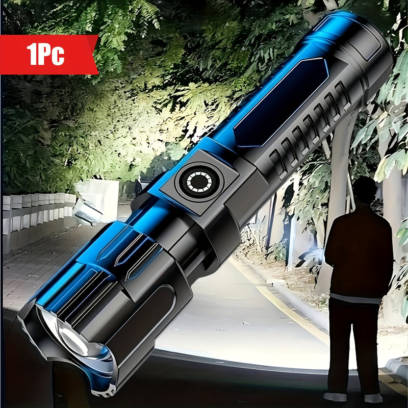 Una linterna super brillante, recargable por USB, con enfoque retráctil, haz ancho, linterna de iluminación de emergencia portátil, adecuada para exteriores, exploración y iluminación de trabajo.