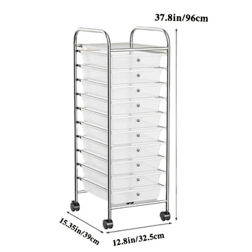 Carrito de almacenamiento con ruedas, 10/12/15 cajones, estructura metálica y cajones de plástico, multifuncional, práctico para el hogar y la oficina (Blanco transparente/Negro avanzado/Color2)