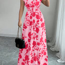 Elegante vestido largo de flores rosas con cuello en V y mangas cortas - Silueta de línea A que fluye, cintura ceñida, perfecto para primavera/otoño, ropa casual a formal, ropa elegante casual | Vestido con estampado floral | Diseño de cintura ceñida