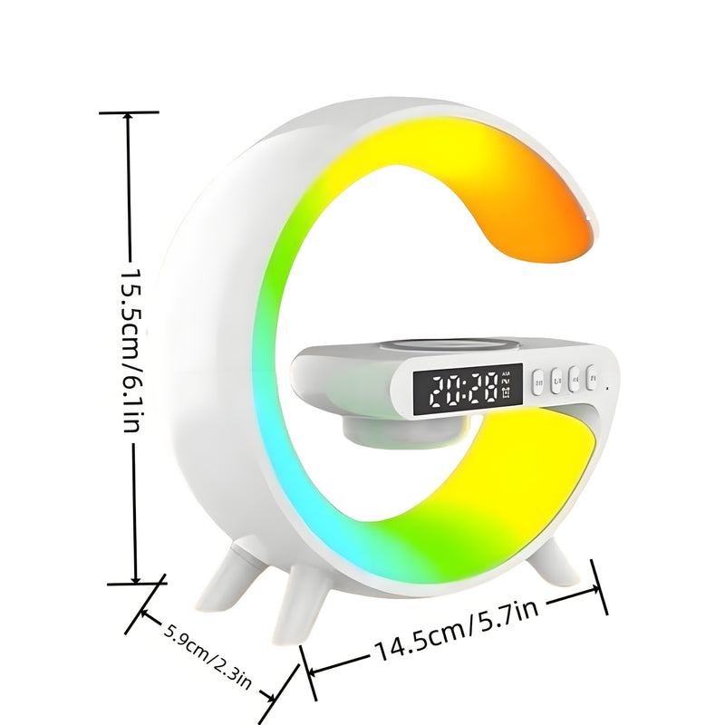 Lámpara de escritorio RGB moderna con carga inalámbrica, altavoz inalámbrico, brillo ajustable, múltiples modos de iluminación, reloj despertador y reproducción de tarjeta TF – Alimentación por USB, diseño elegante en blanco para dormitorio o estudio, ac