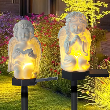 Estatua de ángel con alas de resina y vela, alimentada por energía solar, para decoración de jardín al aire libre, iluminación de césped para patio, sendero o jardín, figura de bendición eficiente en energía para niños y adultos, decoración de jardín sol