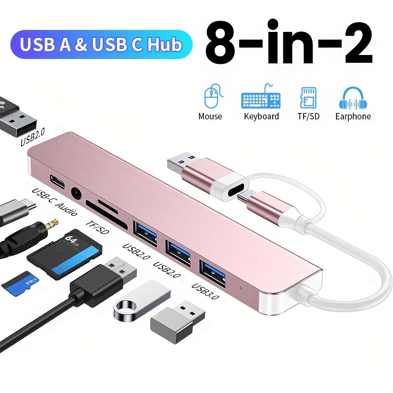 Puente USB multifuncional 8 en 1, puente USB para computadora, puente USB C, lector de tarjetas TF/SD, salida de audio de 3,5 mm, compatible con MacBook Pro/para for ipad Pro/HP Aluminio 4 puertos USB Transferencia de datos