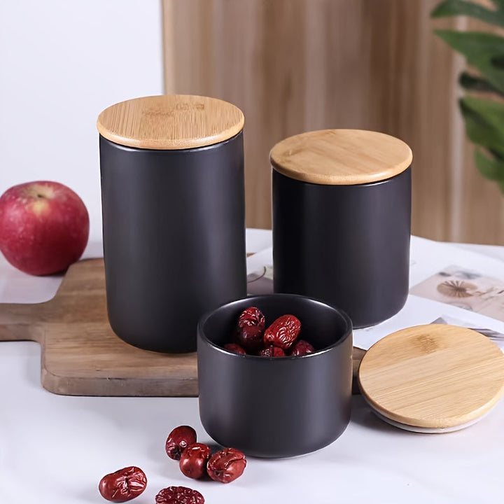 Frascos de almacenamiento de alimentos de cerámica multiusos con cierre de pestillo, recipientes redondos reutilizables para la organización de la cocina, se recomienda lavar a mano - Juego de 1 contenedor negro para té, café, dulces, granos