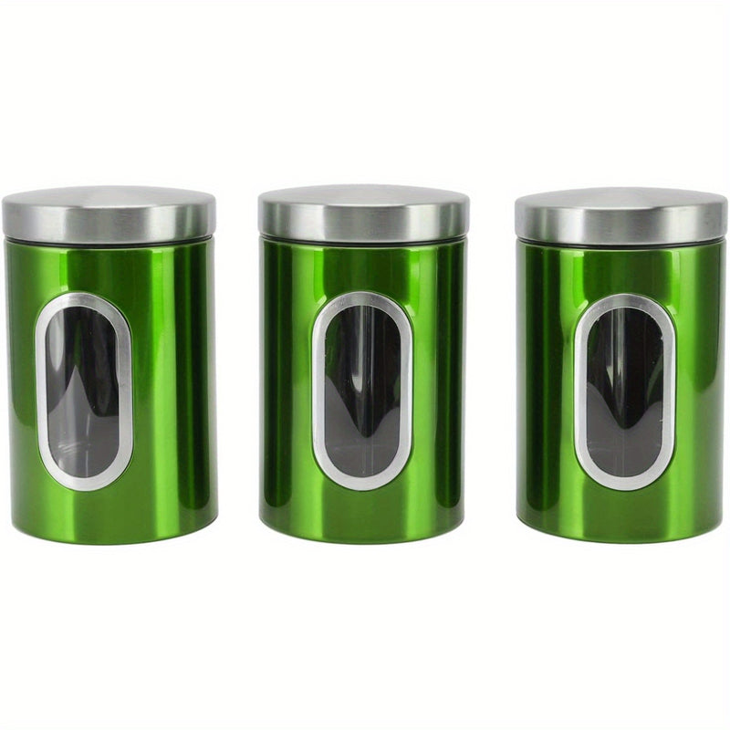 3 contenedores de acero inoxidable con ventana visible - Ideales para café, té, azúcar y granos - Reutilizables, organizador redondo de cocina con tapas abatibles, solución de almacenamiento para cocina|Vajilla moderna|Vajilla duradera