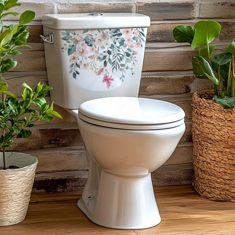 Cubierta decorativa floral para asiento de inodoro, autoadhesiva de PVC, reutilizable, con diseño de flores rosadas y durazno en tapa blanca, decoración para baño