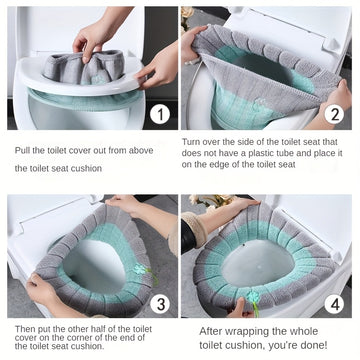 Cubierta de asiento de inodoro de peluche para el hogar - Gruesa, cálida, lavable en máquina, ajuste universal para todas las estaciones con decoraciones de estrellas y flores en azul, verde, rosa y púrpura, decoración de baño.